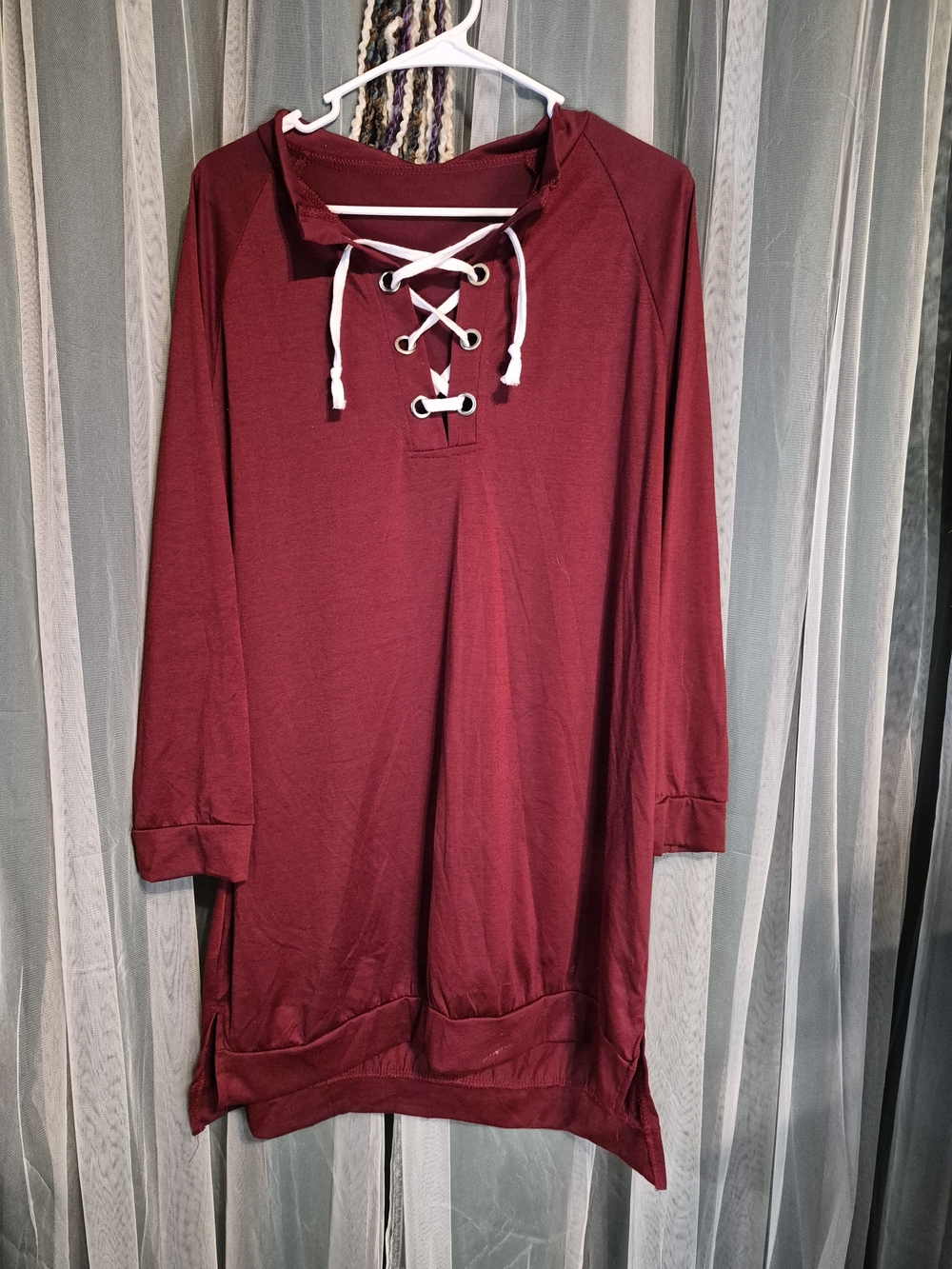 Women’s Lace-Up Tunic Sweater Dress - Burgundy - Picture 3 of 5